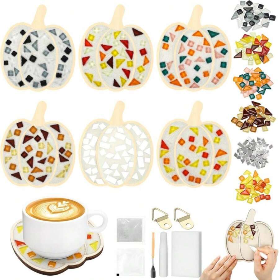 Honeydak 6 Sets DIY Glass Mosaic Tiles With 6 Wooden Coasters Making Mosaic Crafts Material Package Mixed Stained Glass For Handmade Colorful Home Decor Gift Indoor(Pumpkin,Warm Color) - ColorE - 查看 1