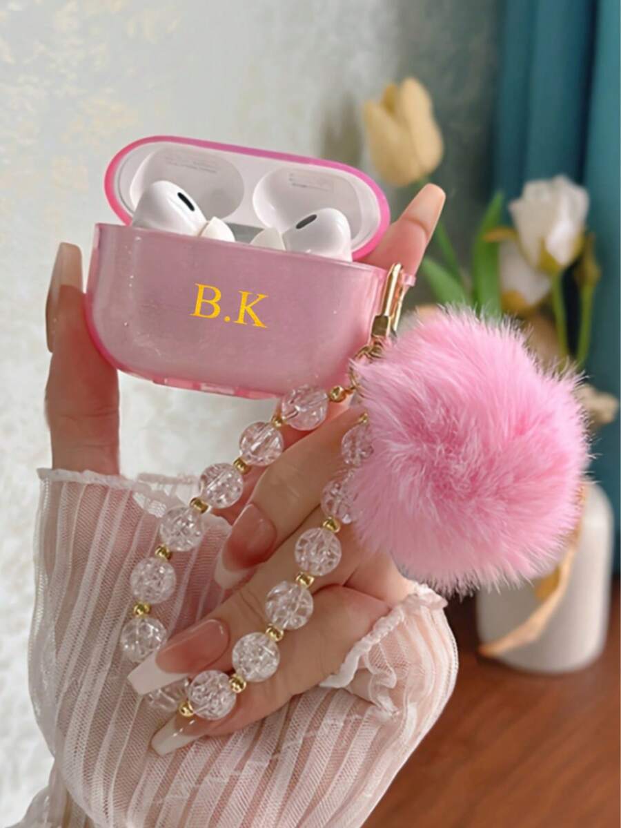 Estuche para auriculares con purpurina transparente compatible con 1/2 3 Nuevo 4 Pro 3, con elemento de letra personalizada (set de 2 piezas, incluye cadena con colgante de bola de pelo de cristal), regalo personalizado para cumpleaños, aniversario, boda, Pascua, primavera - Rosa - Ver 1