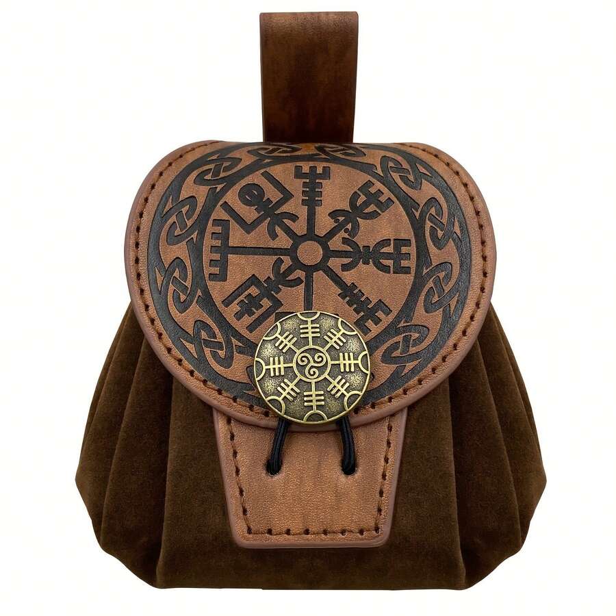 1pc Viking Medieval Embossed Faux Leather Waist Bag - Foldable, Lightweight, Suede Lined, Drawstring Closure - Stylish For Viking-Themed Parties - A - View 1