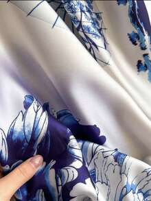 1pc Blue & White Floral Print Faux Silk Scarf, Fashion Versatile Shawl, Suitable For Spring/Summer, Travel & Photography - Blue - View 5