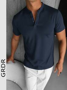 Áo sơ mi nam tay ngắn cổ Henley màu trơn cổ điển GRDR, món đồ thiết yếu cho phong cách công sở thường ngày, item không thể thiếu trong tủ đồ mùa hè. - Màu xanh hải quân - Xem 5