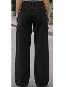 Women's Wide-Leg Cargo Jeans - Black - View 3