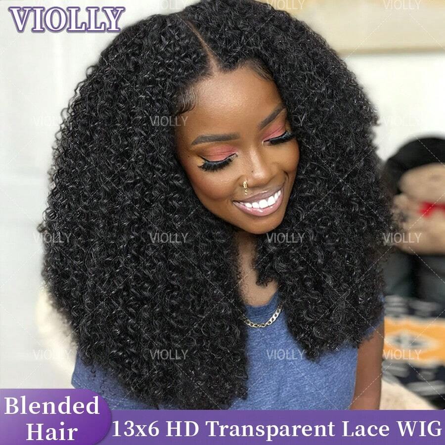 VIOLLY 杰瑞卷发 26 英寸黑色 13*6 高清透明蕾丝前额耳到耳自由分缝 200% 密度熔合发际线婴儿发预拔毛预漂白发结耐热不掉发混纺真人发假发