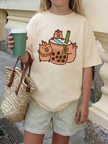 1pc Tween Girl Cute Capybara (Hamster) Holding Pearl Milk Tea Print Short Sleeve T-Shirt, Casual Versatile Round Neck Top, Summer - Apricot - View 2