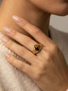 1pc Fashionable Stainless Steel Teardrop Natural Tiger Eye Stone Gold Color Ring, Women Jewelry - Gold - View 6