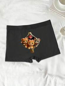 Bóxer de hombre con estampado lindo de gato negro, ropa interior cómoda y elástica para uso diario - Negro - Ver 1