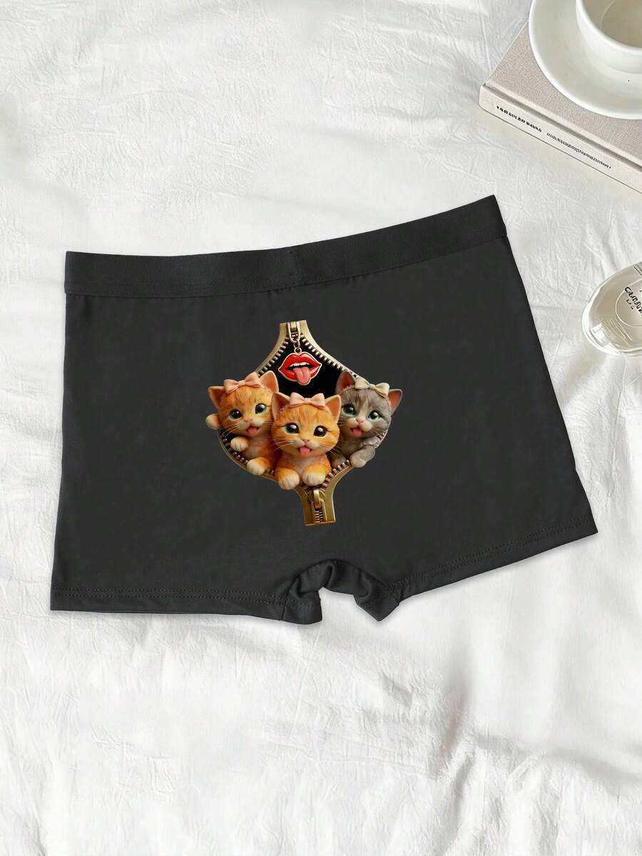 Bóxer de hombre con estampado lindo de gato negro, ropa interior cómoda y elástica para uso diario - Negro - Ver 1