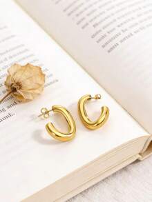 一对镀金极简主义C形圆形优雅耳环 - 金色 - 查看 2