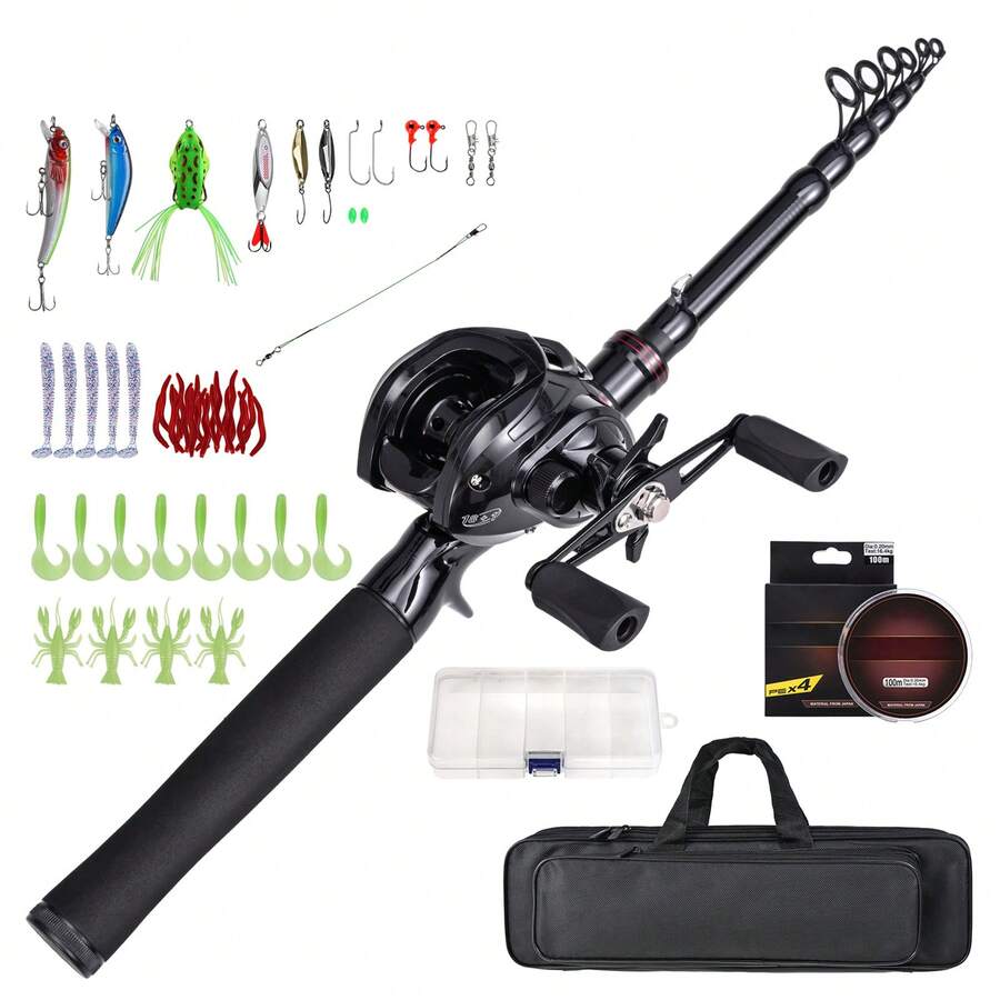 Conjunto de caña de pescar y carrete telescópico portátil de 180 cm/210 cm con carretes giratorios, accesorios para cebo y anzuelo, bolsa y estuche para aparejos de pesca en agua salada. - Negro - Ver 1