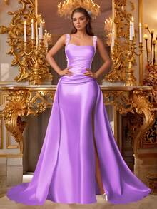 VIPGIRL 无袖缎面亮片吊带长款礼服，优雅美人鱼款式，适合舞会、晚宴、婚礼等正式场合，奢华迷人。 - 紫色 - 查看 6