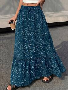 Women Floral Boho Elastic High Waist Flowy Tiered A-Line Maxi Skirt Spring Summer Holiday Beach Vacation Long Skirts With Pockets - 藍色 - 查看 3