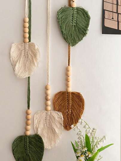 波西米亚风挂毯，手工编织树叶木珠纤维艺术墙饰，情人节礼物