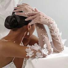 1 Đôi Găng tay dài đính hoa đính hạt ren cô dâu, Phụ kiện váy cưới cổ điển - Màu be - Xem 7