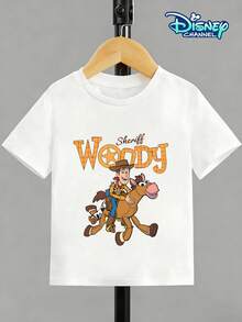 Boys' Short-Sleeved T-Shirt, A New Summer Style For Children Aged 3-12, Featuring A Disney Toy Story Sheriff Woody Theme. The Front Displays The "Sheriff Woody" Lettering And A Cartoon Print Of Woody Riding A Heart-Shaped Horse. The Pure White Round Neck And Loose Fit Allow It To Be Paired With Cargo Pants, Denim Shorts, Athletic Joggers, Or Casual Trousers. Suitable For Boys' Trips To Disneyland, Toy-Themed Parties, Daily School, Outdoor Play, Family Gatherings, And Weekend Shopping. Made From High-Quality Fabric, It Is Soft, Breathable, And Sweat-Absorbent, Preventing Stuffiness. Durable And Retains Its Shape After Washing. Available In All Sizes For Children Of Different Ages. The Woody And Heart-Shaped Horse Design, Full Of Western Cowboy Fun, Perfectly Captures Boys' Love For Toy Story. An Eye-Catching And Versatile Item For Your Child's Summer Wardrobe. Officially Licensed Disney Cartoon Print, Quality Guaranteed. A Practical Children's Garment With A High Rate Of Repurchase. - White - View 4