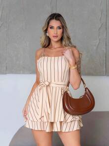 Basic Printed Romper With Padded Cups Duna Premium Sizes P, M, G, And GG - Beige Chalk Stripe - View 1