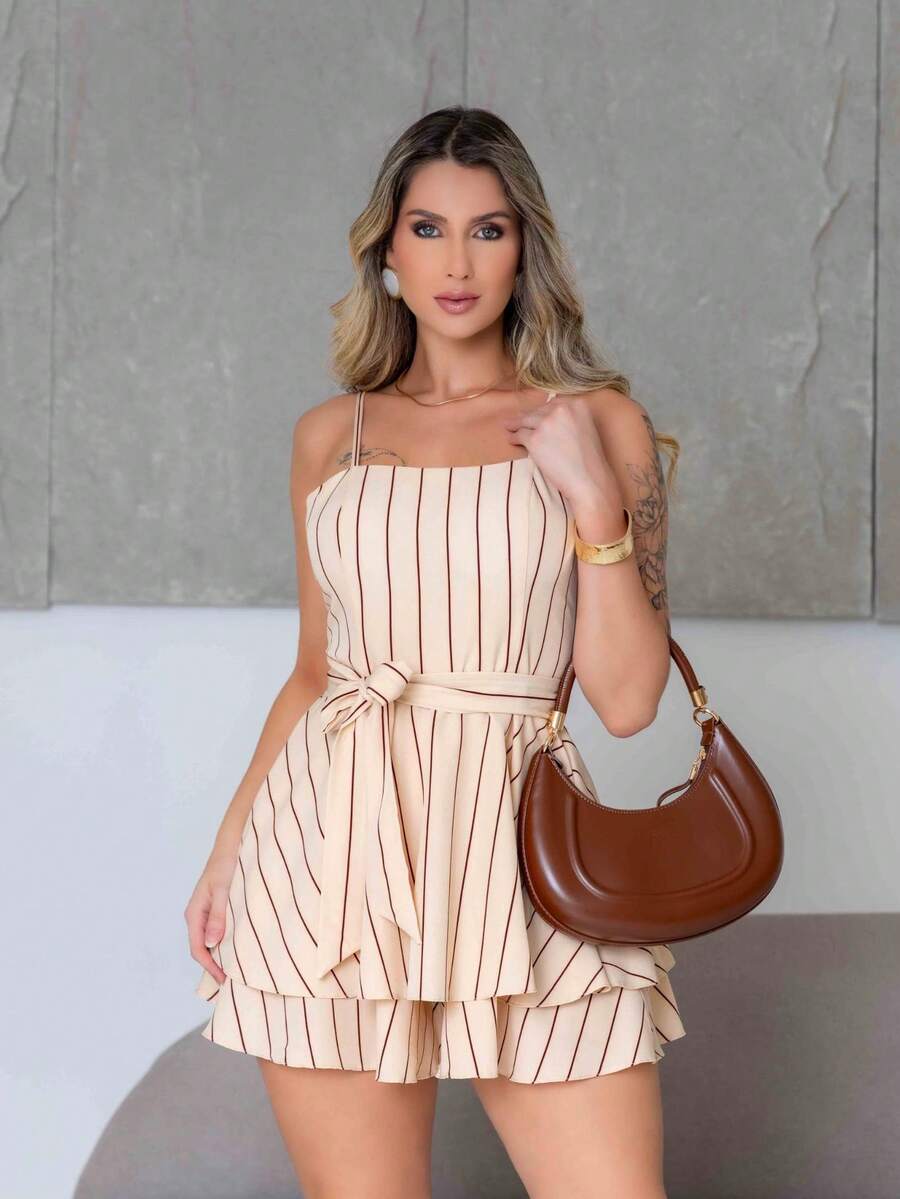 Basic Printed Romper With Padded Cups Duna Premium Sizes P, M, G, And GG - Beige Chalk Stripe - View 1