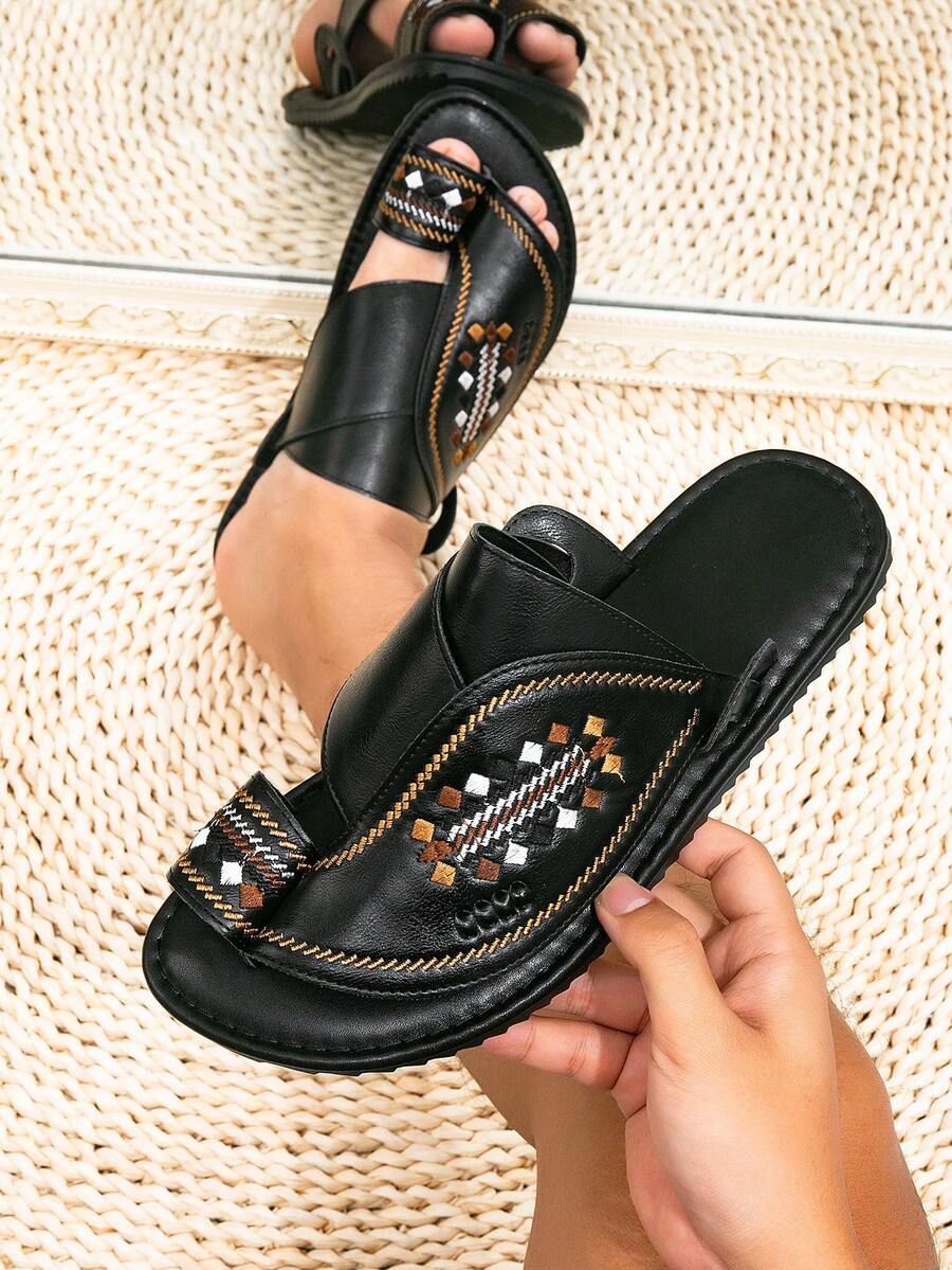 Men's Middle Eastern Arabic Style Basic Faux Leather Sandals, Black Casual Beach Slippers - Black - View 1