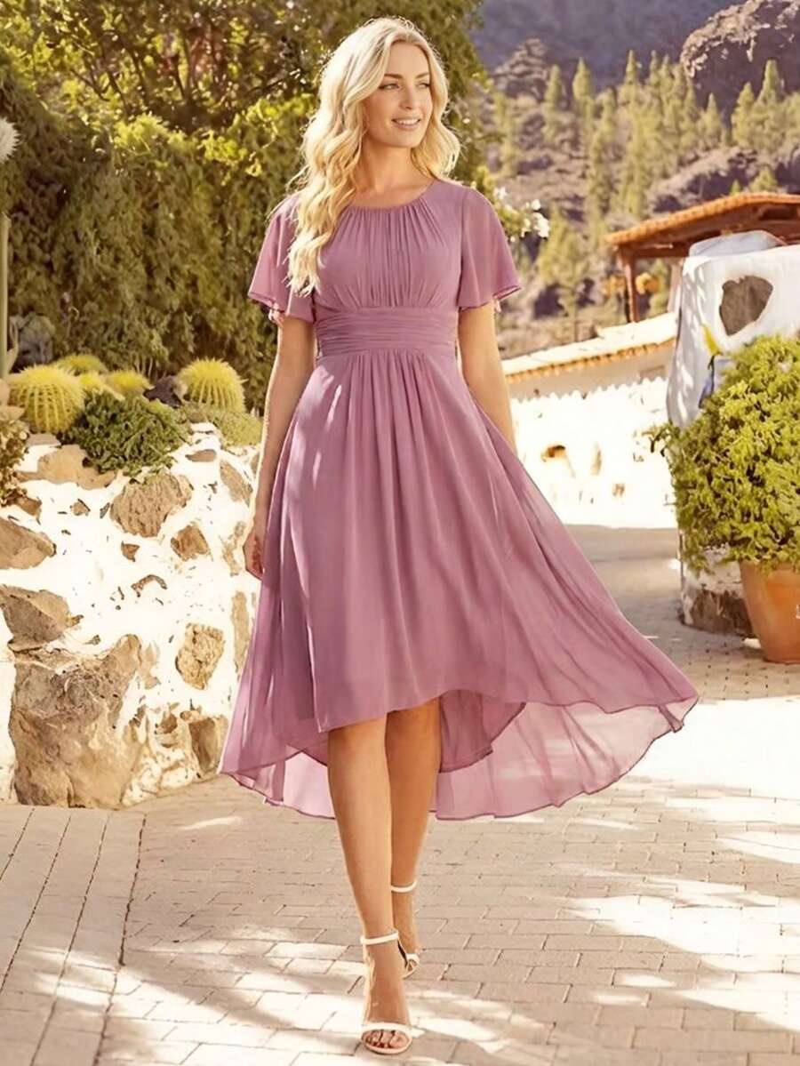 Đầm phù dâu bằng chiffon xếp ly tay bồng thanh lịch dành cho nữ, đầm dạ hội trang trọng cho khách dự đám cưới mùa xuân.