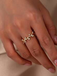 Anillo de moda para mujer, anillo con forma de hoja con rhinestones, adecuado para uso diario y como regalo - Amarillo Oro - Ver 1