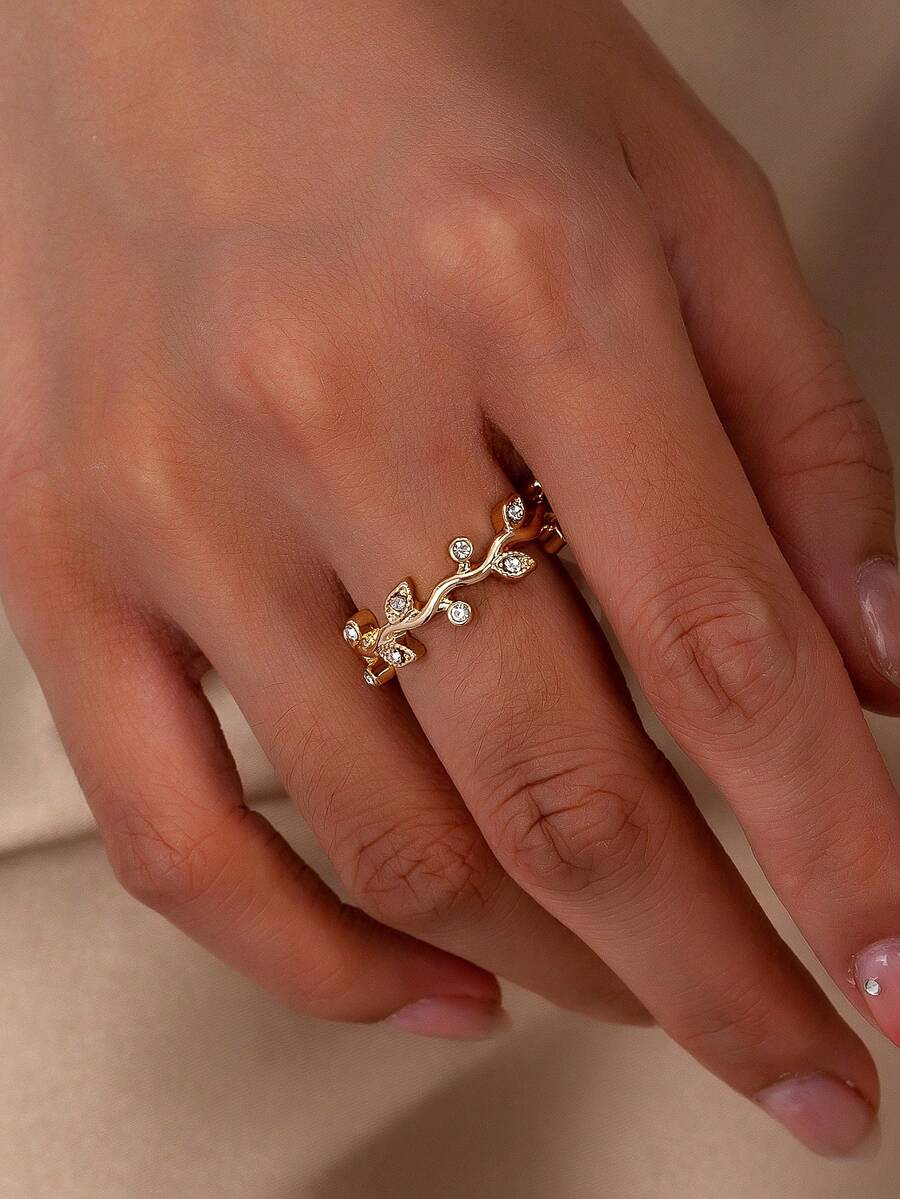 Anillo de moda para mujer, anillo con forma de hoja con rhinestones, adecuado para uso diario y como regalo - Amarillo Oro - Ver 1