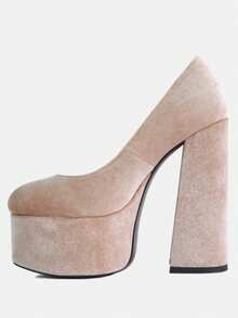Old Novelty Platform Heel Velvet Pumps - Beige - View 3