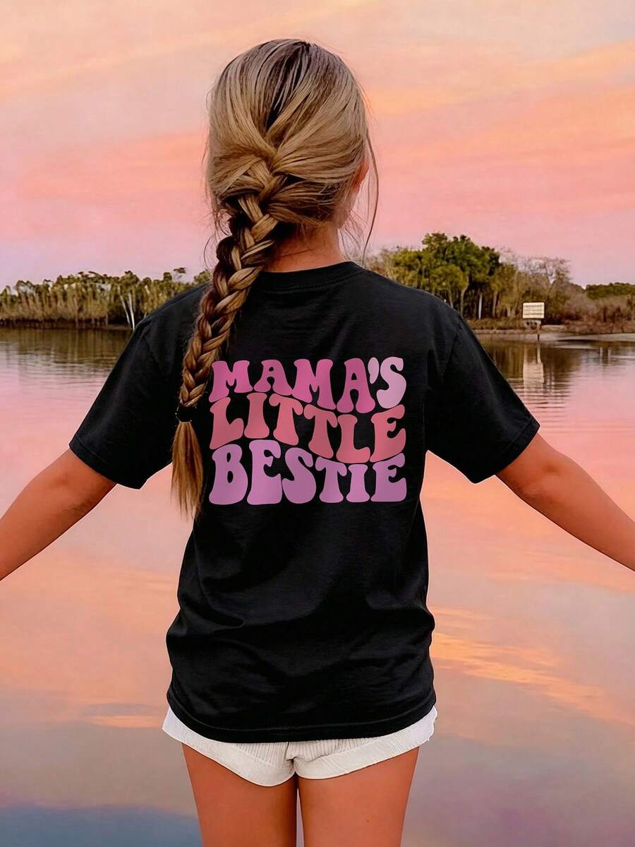 少女休闲印花圆领短袖T恤，适合热爱旅行的冒险旅行者的夏季上衣，女孩，图案T恤，夏季 - 黑色 - 查看 1