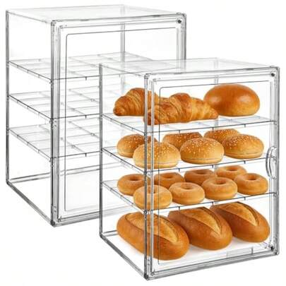 Homaisson 2 PCS Acrylic Bakery Display Cases 4-Tier Adjustable Bread Box With Adsorptive Door Clear Pastry Storage Container For Bread Cupcakes Pastry For Kitchen And Bakery Use