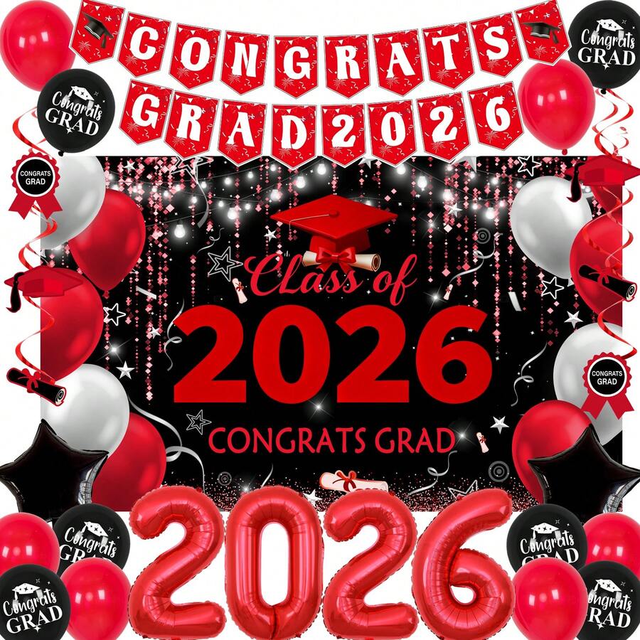 Red And Black Graduation Decorations 2026, Graduation Party Decorations ...