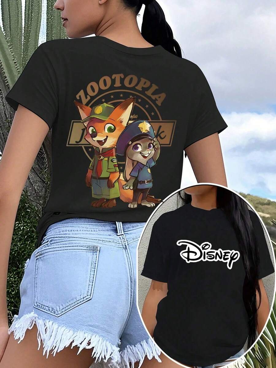 Disney Chibi Judy Hopps & Nick Wilde Print Women's Short Sleeve T-Shirt Retro College Style Casual Top - Black - View 1