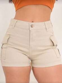 Women's High-Waisted Cargo Shorts With Side Pockets -  For Summer - Beige - View 13