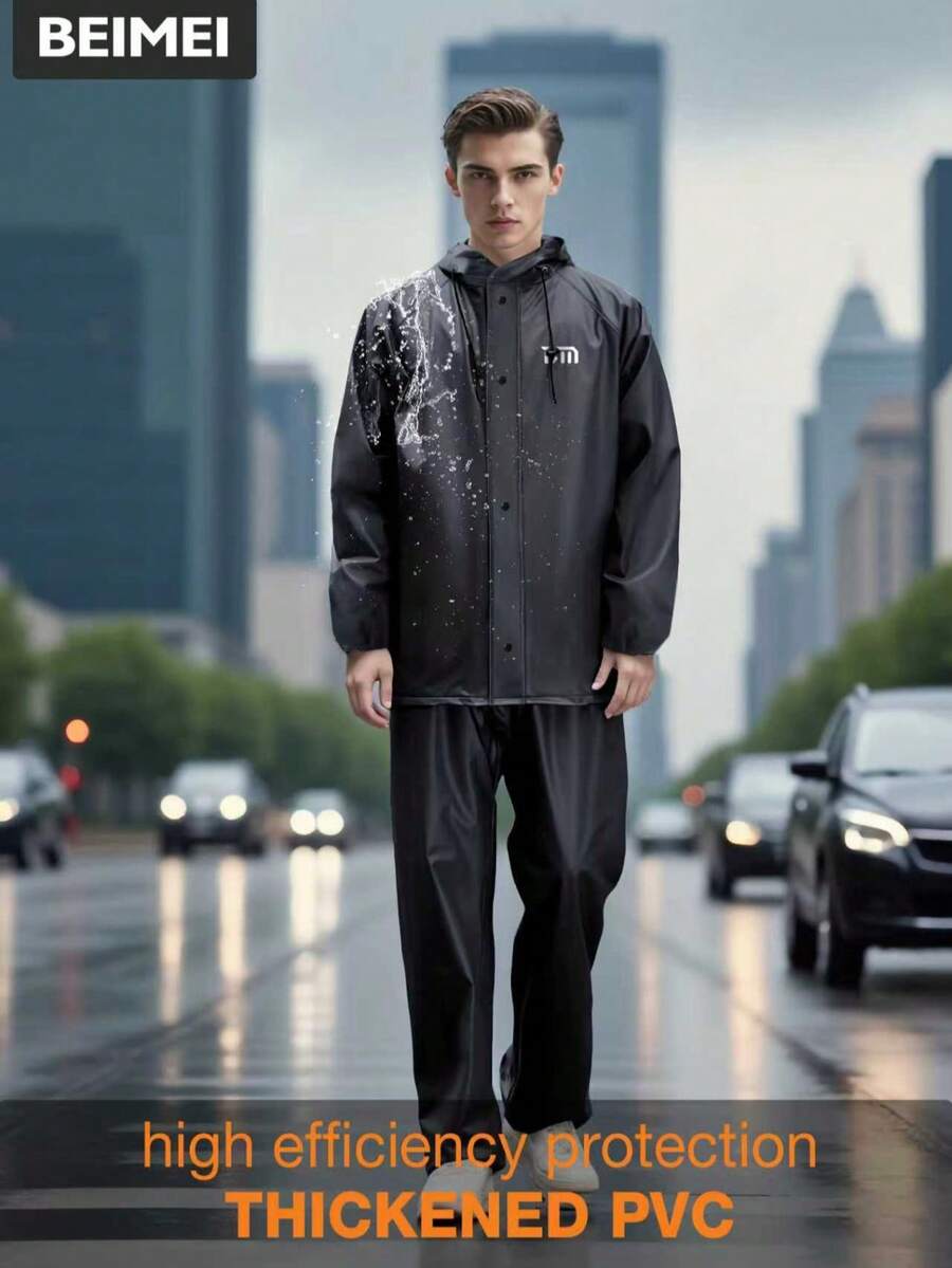 Men's Rain Suit, Black Thickened Adult Motorcycle Rain Jacket, Suitable For Cycling, Outdoor Work And Hiking. Made Of PVC Material, Slim Fit Design. - Men's Raincoat - View 1