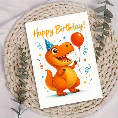 Cute T-Rex Birthday Card – 'Happy Birthday!' – Playful Watercolor Orange T-Rex Illustration – Cheerful Birthday Greeting For Kids, Dinosaur Lovers, Friends – Includes Envelope – Perfect Gift For A Roaring Good Birthday Celebration