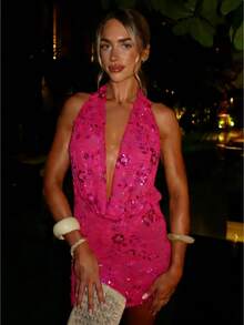 Women's Sparkly Sequin Halter Mini Dress Cowl Neck Sleeveless Backless Bodycon Party Club Short Dress - Màu Hồng Tươi - Xem 1