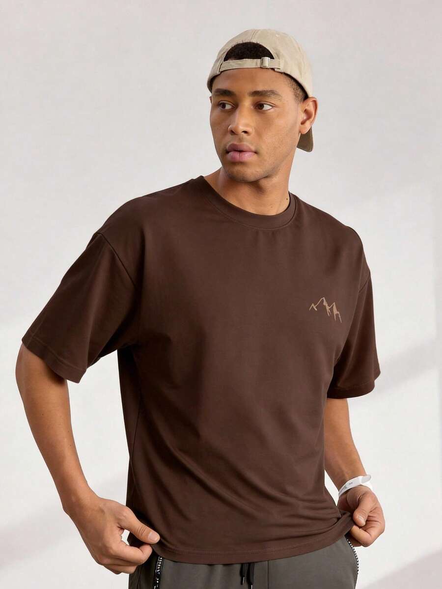 Driftmere Men's Minimalist Mountain Silhouette Print Round Neck Short Sleeve T-Shirt, Coffee Color, Summer - Coffee Brown - View 1