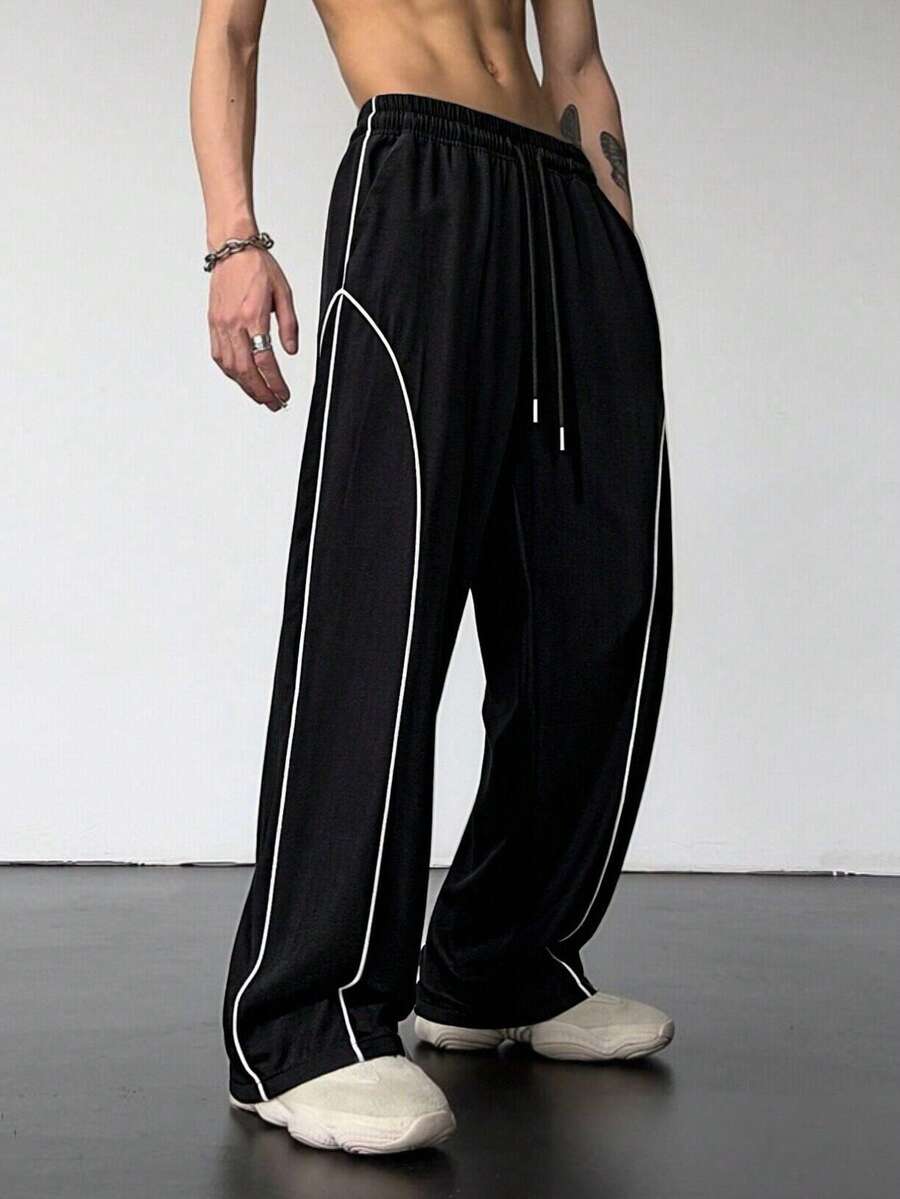 Men's Casual Drawstring Waist Contrast Trim Pockets Pants, Suitable For Daily Commute And Streetwear, Spring/Summer - Black - View 1