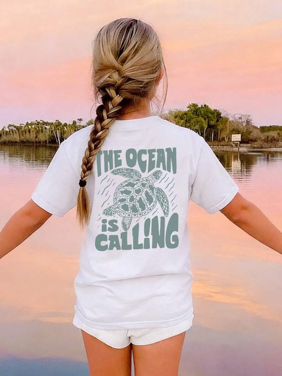 1pc Girls Casual Turtle Print Round Neck Short Sleeve T-Shirt, Summer Student Tween Clothing - Turtle Design T-Shirt Suitable For Daily Adventure, Tween Girls Summer Shirts, Islami Eid Mubarak Ahlan Ramadan - White - View 1