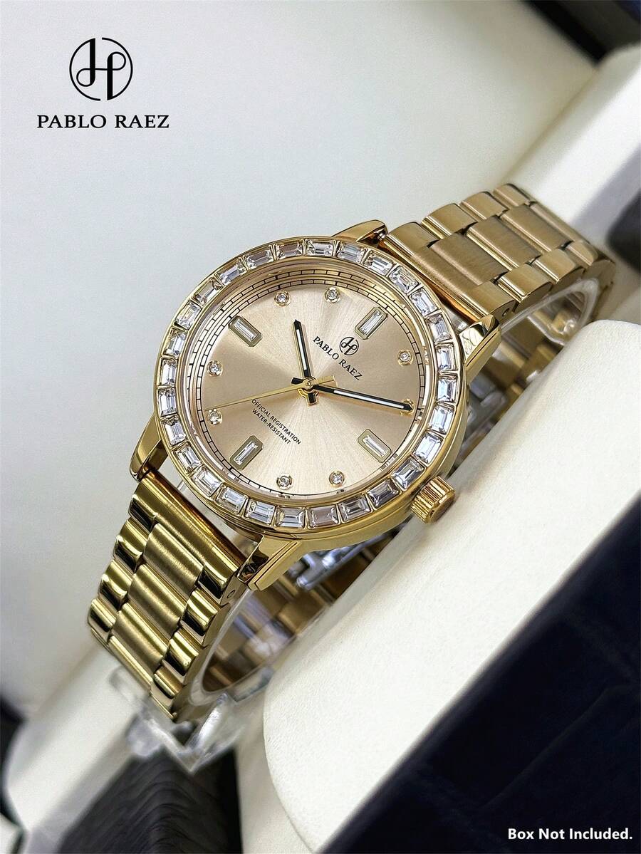 Pablo Raez 1件 18K金女款手錶 原創迷人珠寶鑽石手錶 不鏽鋼配件 鑲鑽奢華女款時尚手錶 金色優雅水晶 全新高品質 AAA 設計石英手錶 時尚黑色錶盤 女孩熱門手錶 鑽石顯示 50M 防水 實心厚重鋼鍊手鍊 鈕扣蝴蝶鎖 隨意青少年可愛手錶 適合日常生活/工作/派對裝飾 精緻禮物送給朋友或家人 畢業婚禮禮物