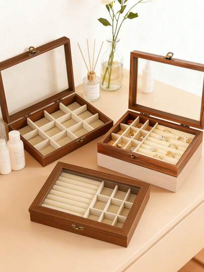 1pc Large Capacity Jewelry Tray, Walnut Wood Grain Velvet Jewelry Organizer Box, Multi-Layer Jewelry Storage Box For Necklaces, Earrings, Bracelets, Rings, Luxury Jewelry Box