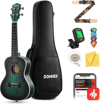 Donner Concert Ukulele Professional 23 Inch Mahogany Ukelele For Adult Beginner Ukele Bundle With Online Lesson Gig Bag Aquila String Pick Tuner Strap Cloth DUC-200B Drak Green