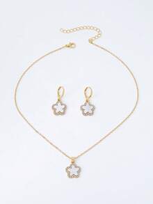 Set de 3 piezas de collar con colgante de flor de metal con cadena de serpiente, trébol y cristales de estrás, y aretes a juego, elegante para regalo de fiesta o festival, adecuado para mamá - Amarillo Oro - Ver 4