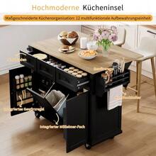Kitchen Island Table With Wheels, Retractable Dining Table, Kitchen Island Table With Bin And Drawers, Mobile Kitchen Island Table, Ideal For Kitchen And Dining Room (Black) - Black - View 4