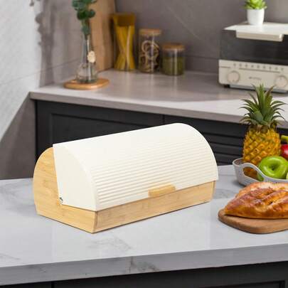 1 cutie de pâine în stil nordic, fabricată din bambus și lemn, cu capac glisant, poate depozita pâine și alte produse de patiserie pe masa de sufragerie, stil nordic modern