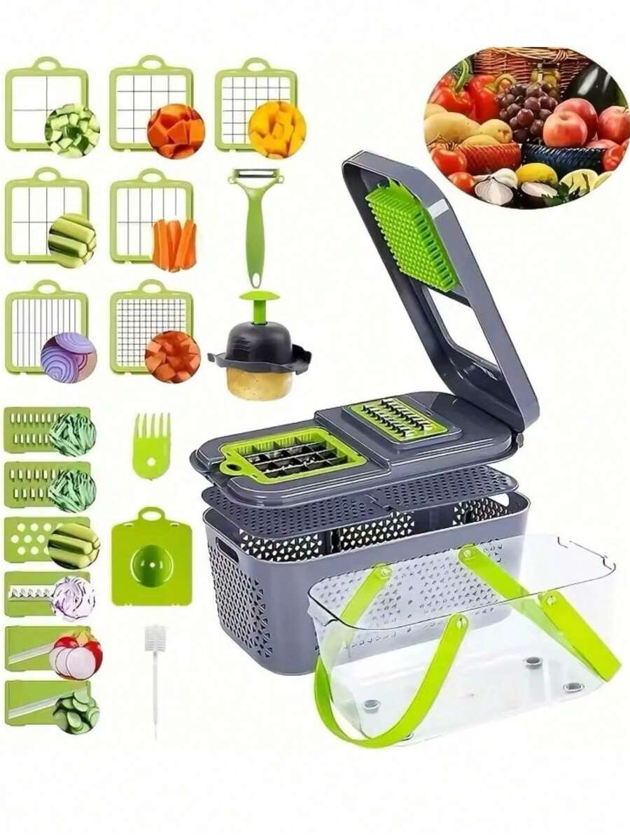 Picador de Verduras 22 en 1, Juego de Cortador de Verduras Multifuncional, Fácil de Operar, Ayudante de Cocina para Frutas, Verduras y Ensaladas - Gris - Ver 1