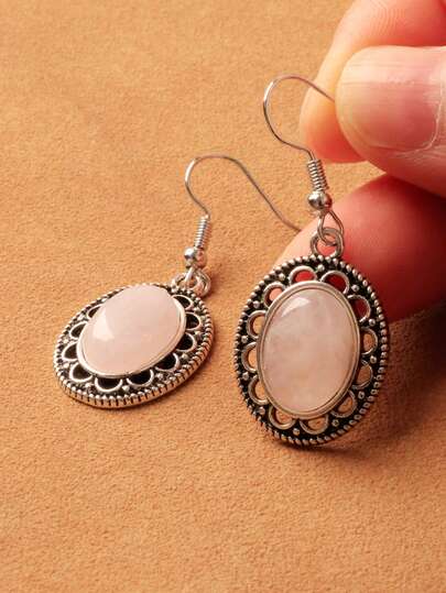1 Pair Natural Rose Quartz Oval Earrings For Women