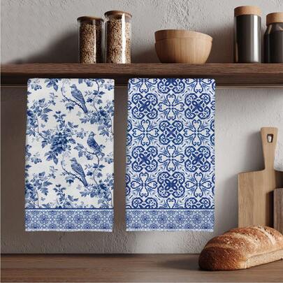 MEMNUN 2pcs Navy Blue Floral & Bird Italian Tile Print Kitchen Towels, 15.75*23.62in(40*60cm) Super Soft Absorbent Microfiber Dish Cloths, Kitchen Decor, Home Accessories, Machine Washable, Suitable For Dining Room, Kitchen, Home Decoration And Gifts, All Seasons
