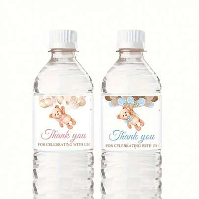 12/36 张蓝色/粉色泰迪熊水瓶贴纸，适用于生日派对、感谢派对、节日派对等场合，可用作装饰瓶贴或礼物装饰。