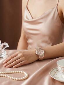 Guess Women's Luxury Rose Gold "Diamond" Watch, Pink Crystal Embedded Dial With Rectangular Diamond Inlay, Sparkling Party Wristwatch GW0320L6 - Rose Gold - View 4