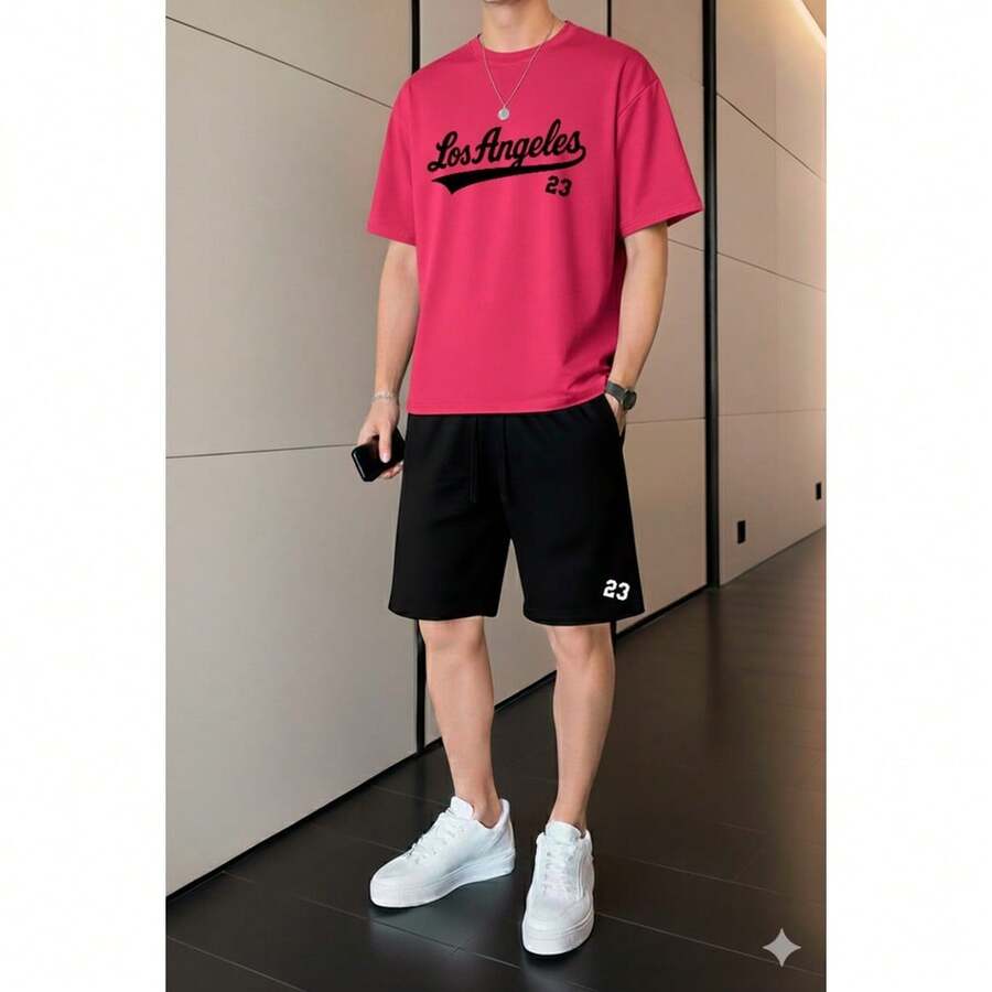 Los Angeles Casual Streetwear Set, 100% Cotton - 玫紅色 - 查看 1