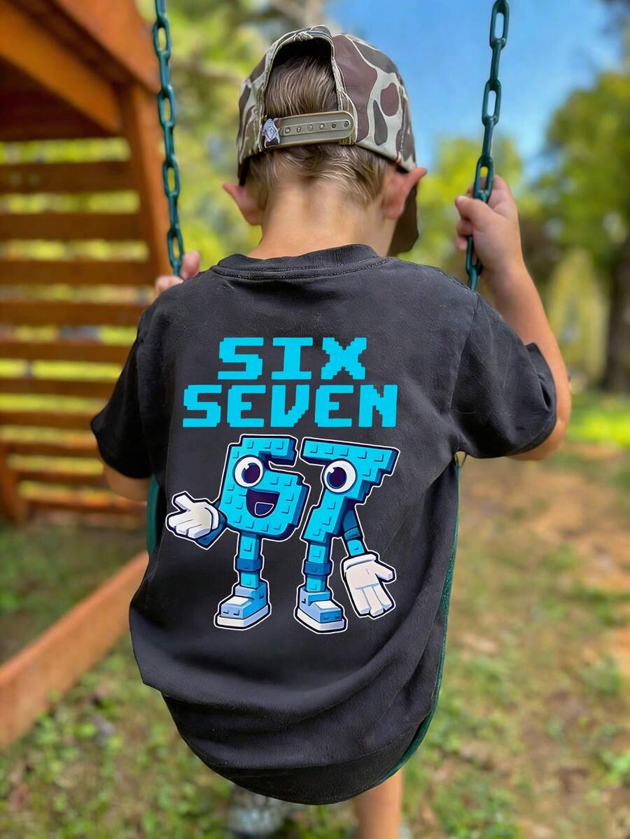 1 Stück Kleinkind Jungen Straßen-Stil Rundhals Kurzarm T-Shirt, lustiger Pixel Nummer SECHS SIEBEN & Cartoon Bauklötze Muster, schwarzes lässiges atmungsaktives Sommer-Top, geeignet für den täglichen Gebrauch, Schule und als Geburtstagsgeschenk - Schwarz - Übersicht 1