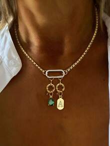 1件金色字母项链，绿色钻石吊坠链，甜甜圈链，不锈钢链，时尚多吊坠项链，独特奢华女士项链 - 金黃色 - 查看 8